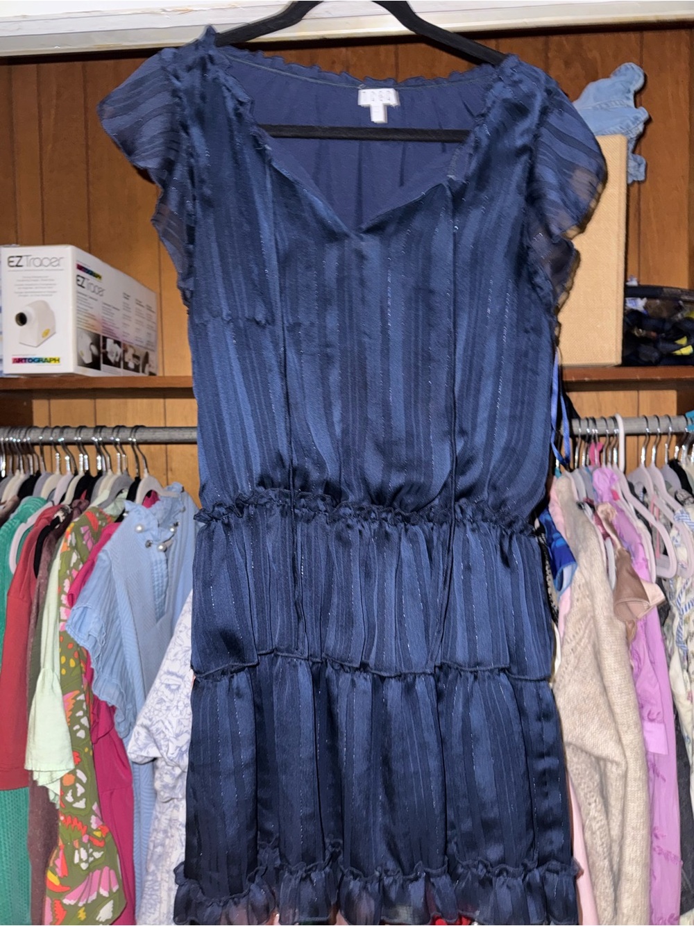 Women’s Navy Tiered Ruffle Dress - Elegant Short Sleeve